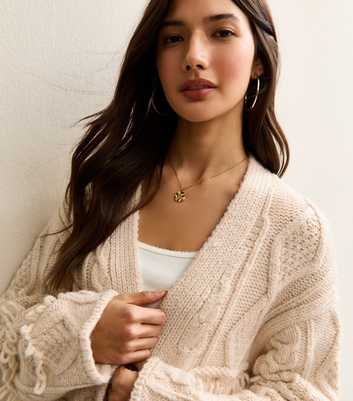 Cream Fringed Longline Cable Knit Cardigan