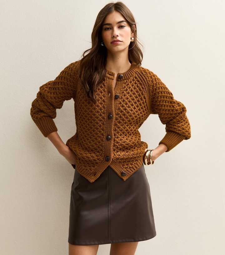 Tan Chunky Crew Neck Cardigan