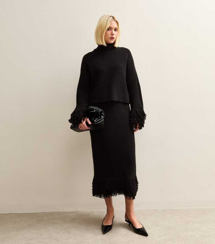 Black Knit Looped Fringe Midi Skirt