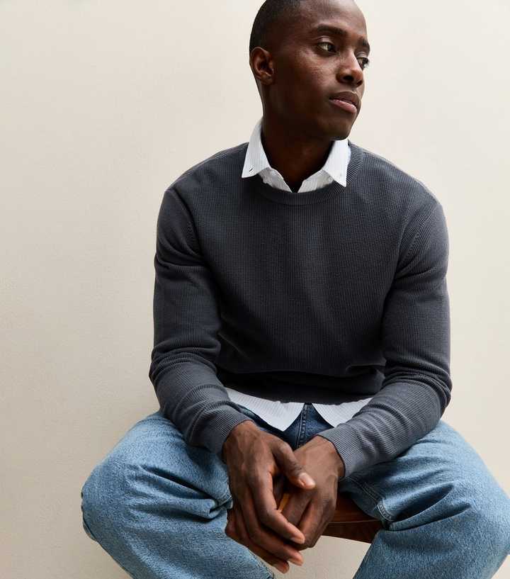 Dark Blue Regular Textured Crew neck Jumper