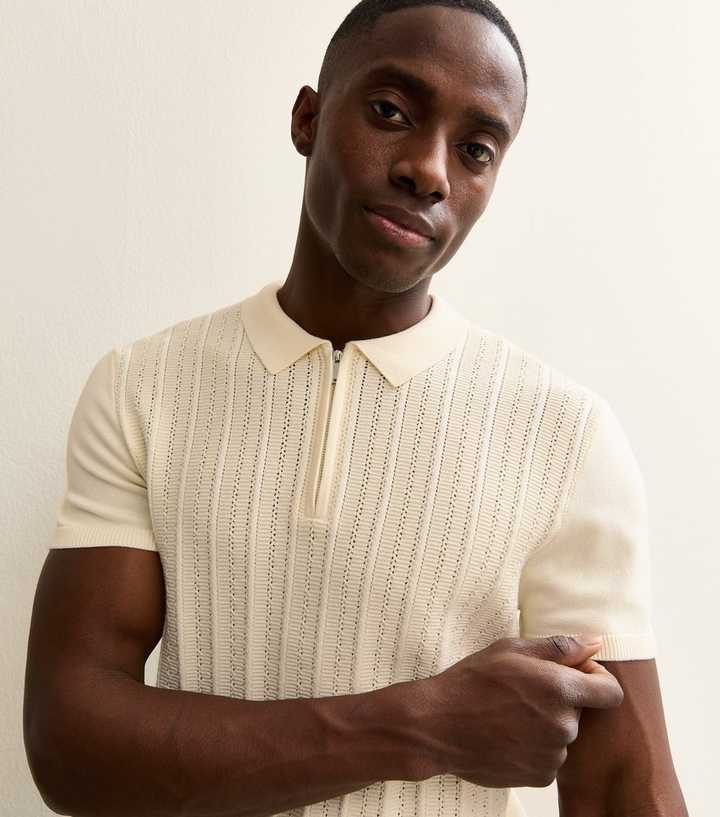 Cream Rib Knit Quarter Zip Polo Shirt