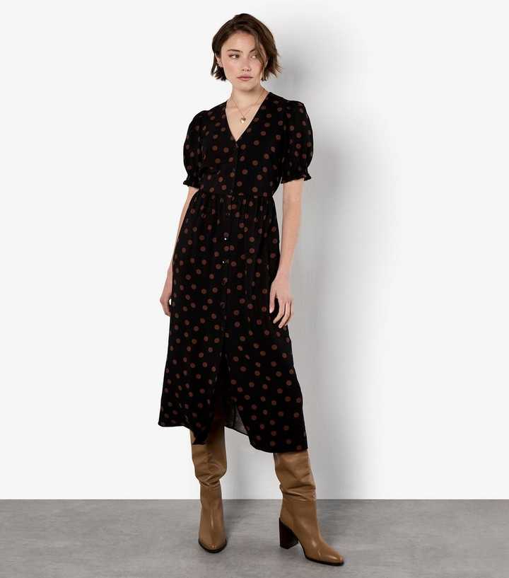 Apricot Black Spot Print Button Down Dress