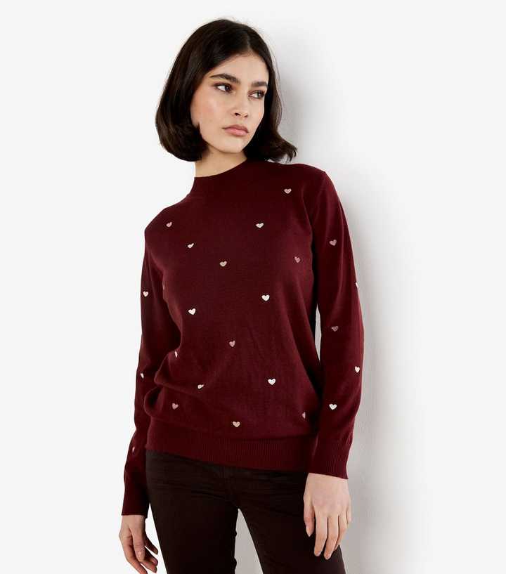 Apricot Dark Burgundy Heart Embroidered Fine Knit Jumper