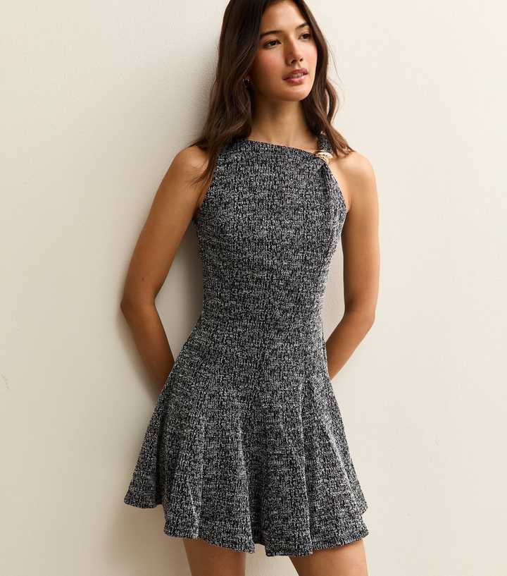 Black Textured Sleeveless Skater Mini Dress