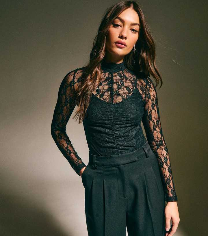 Black Ruched Sheer Unlined Lace Long Sleeve Bodysuit