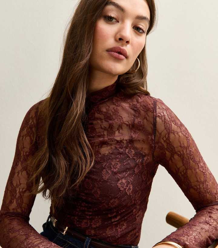Dark Brown Ruched Sheer Unlined Lace Long Sleeve Bodysuit