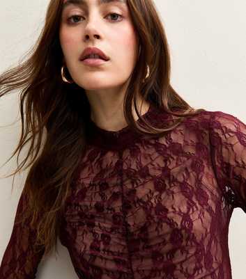 Burgundy Ruched Sheer Unlined Lace Long Sleeve Bodysuit