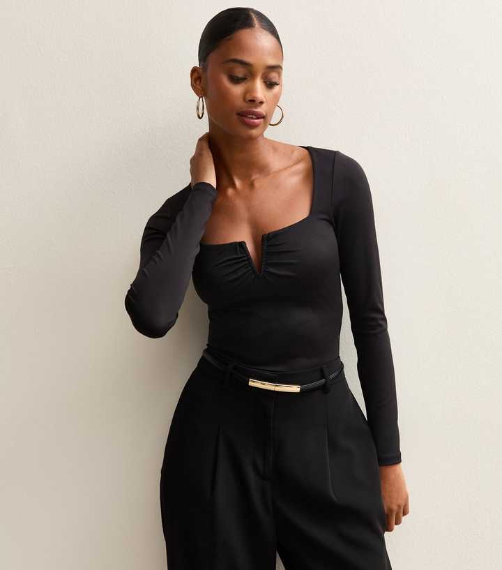 Black Jersey Notch Neck Long Sleeve Bodysuit