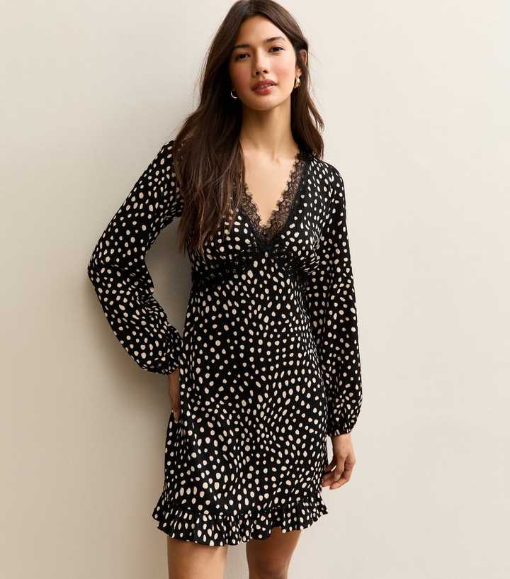 Black Spotty Lace Trim Mini Dress