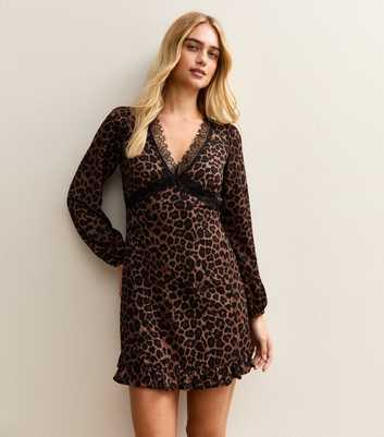 Brown Leopard Print Lace Trim long Sleeve Mini Dress
