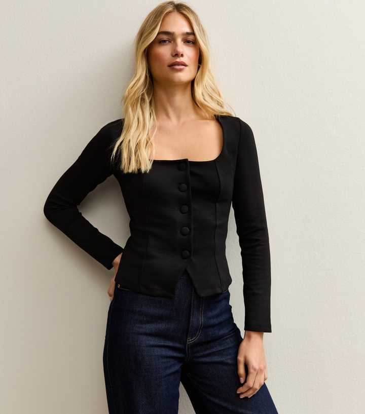 Black Jersey Buttoned Square Neck Top