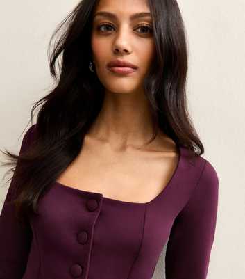 Dark Burgundy Jersey Buttoned Square Neck Top