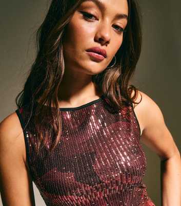 Red Sequin Rose Print Sleeveless Top