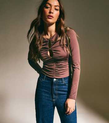 Dark Brown Ruched Cutout Long Sleeve Top