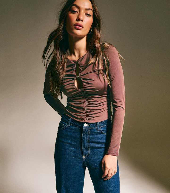 Dark Brown Ruched Cutout Long Sleeve Top