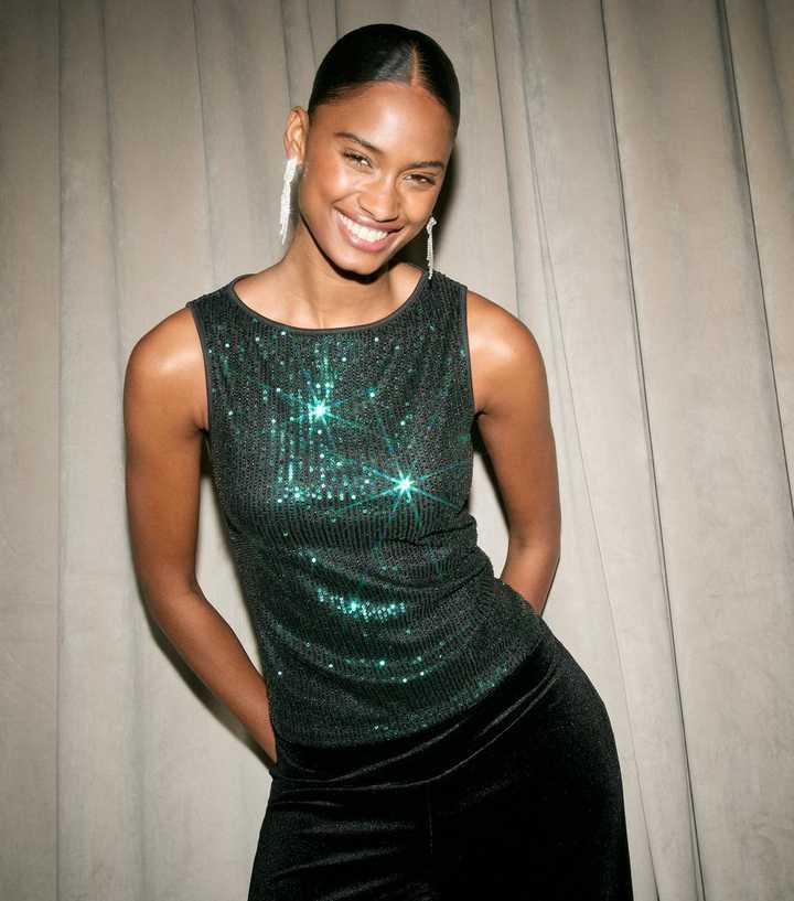 Dark Green Sequin Tank Top