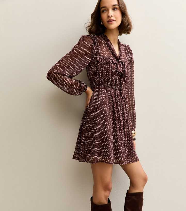 Brown Chiffon Polka Dot Mini Dress