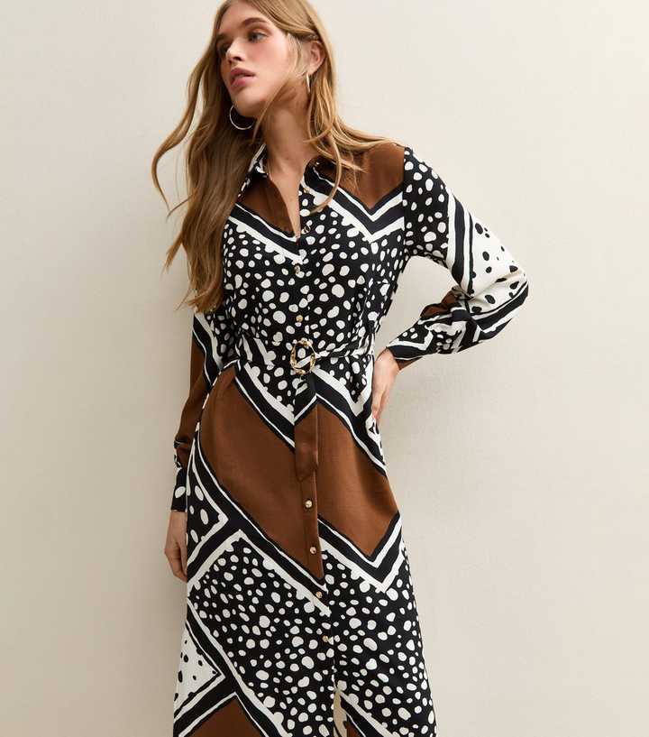 Black Patchwork Print Midi Shirt Dress