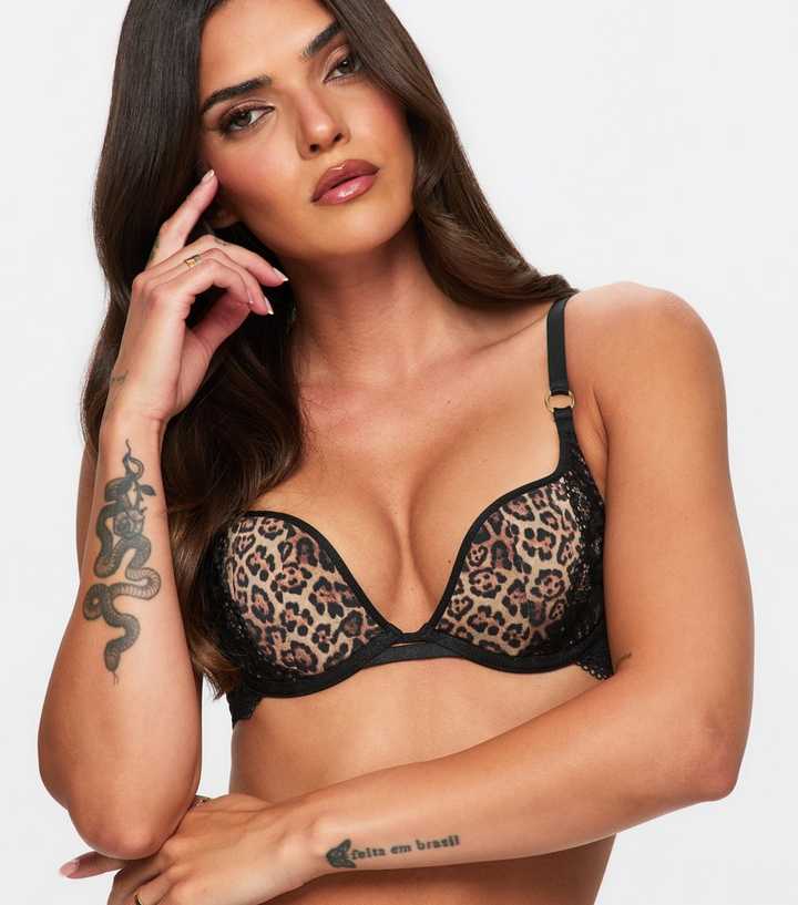 Ann Summers Brown Satin Leopard Print Padded Plunge Bra