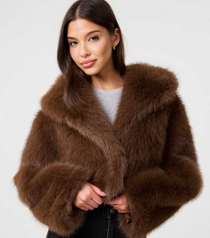 Pink Vanilla Brown Faux Fur Cropped Fur Jacket | New Look