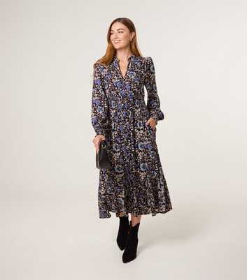 Blue Vanilla Black Floral Gathered Midi Dress