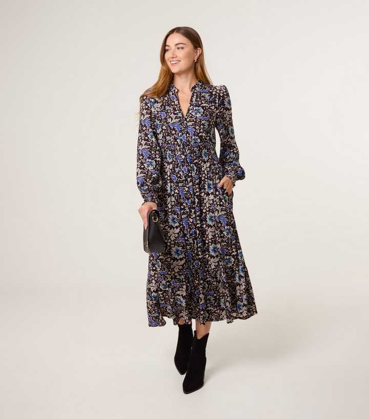 Blue Vanilla Black Floral Gathered Midi Dress