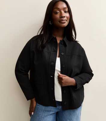 Curves Black Cotton Flap Pocket Shacket