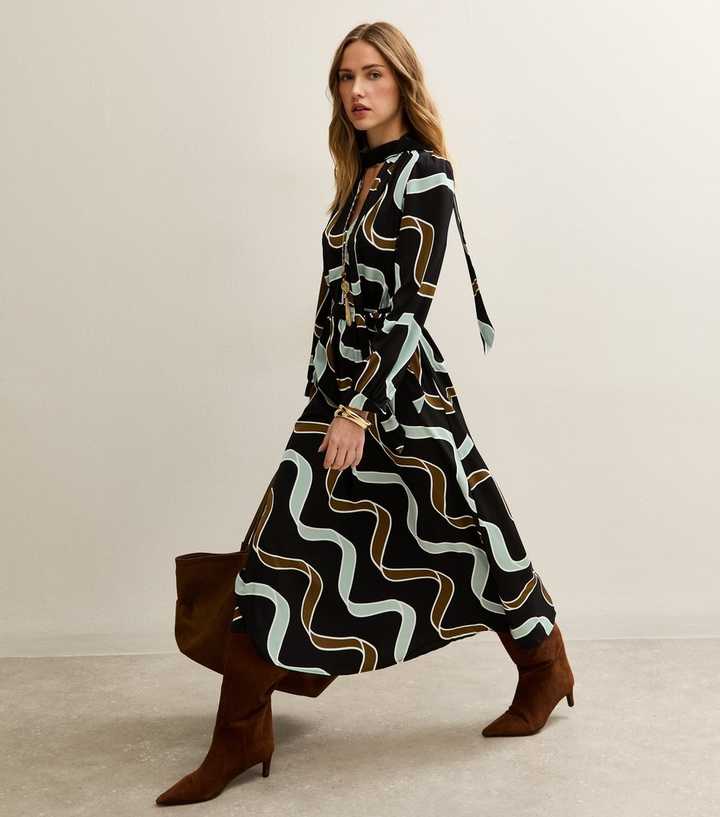Light Blue and Brown Ribbon Long Sleeve Pussybow Midi Dress