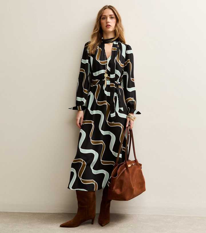 Light Blue and Brown Ribbon Long Sleeve Pussybow Midi Dress | New Look