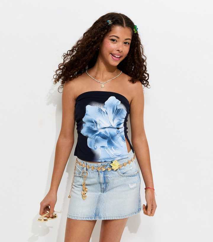 Girls Light Blue Distressed Denim Mini Skort