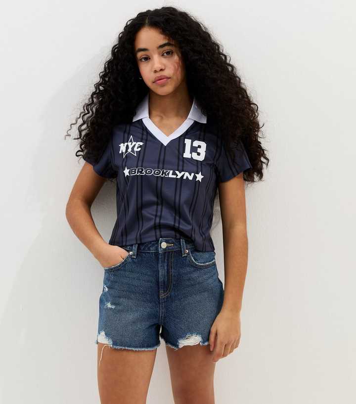 Girls Blue Distressed Mom Shorts