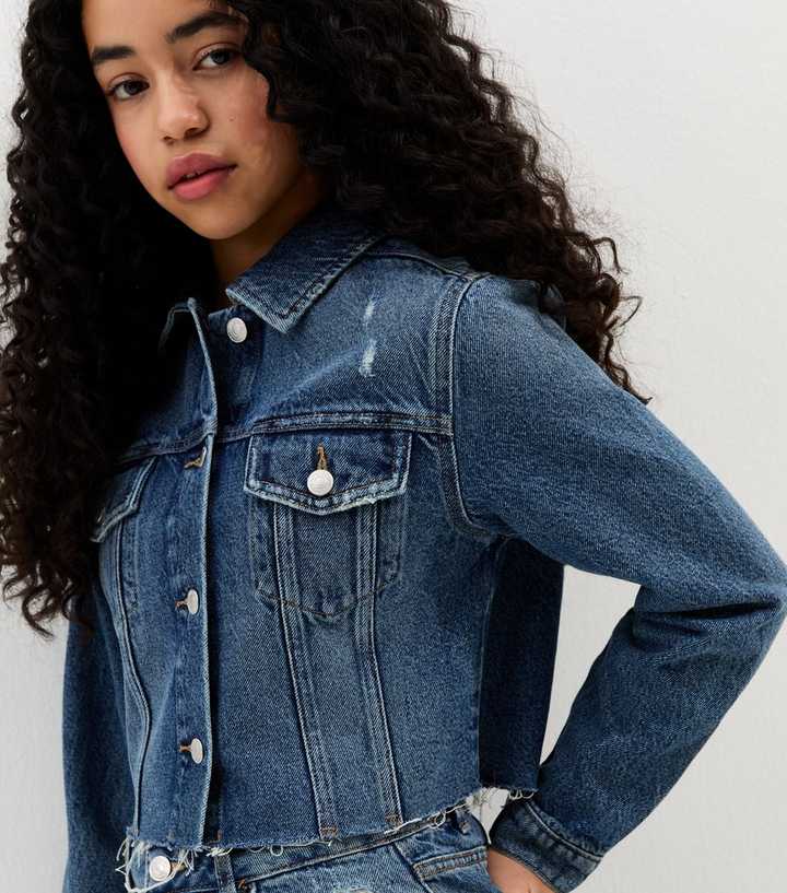 Girls Blue Distressed Cropped Denim Jacket