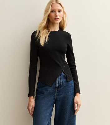 Black Asymmetric Button Long Sleeve Top