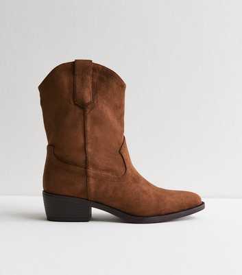 Camel Faux Suede Mid Calf Western Boots