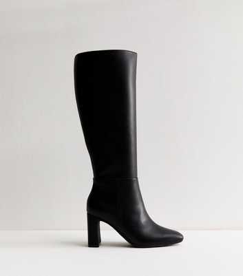 Black Faux Leather Heeled Knee High Boots