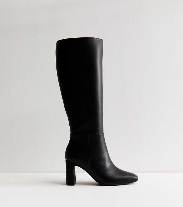 Black Faux Leather Heeled Knee High Boots