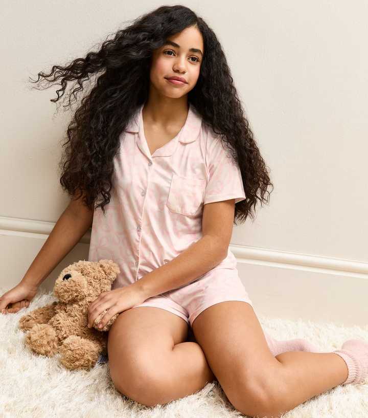 Girls Pink Bow Short Sleeve Top and Shorts Pyjama Set