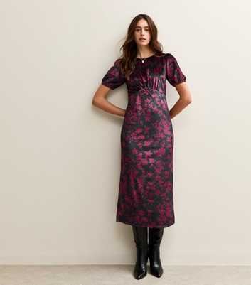 Black Floral Print Velvet Midi Dress