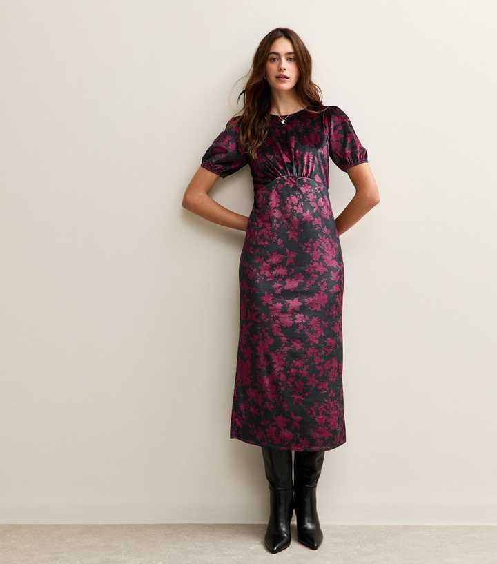 Black Floral Print Velvet Midi Dress