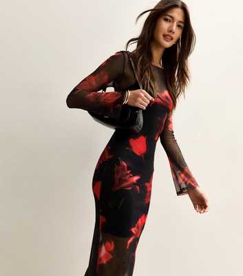 Black Floral Mesh Cowl Back Midi Dress