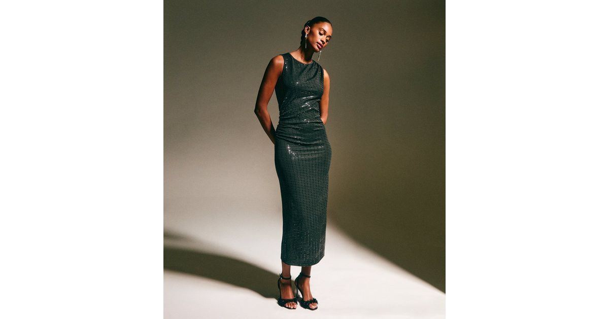 slim fit dress slacks Black And Nude Sequin Midi Dress