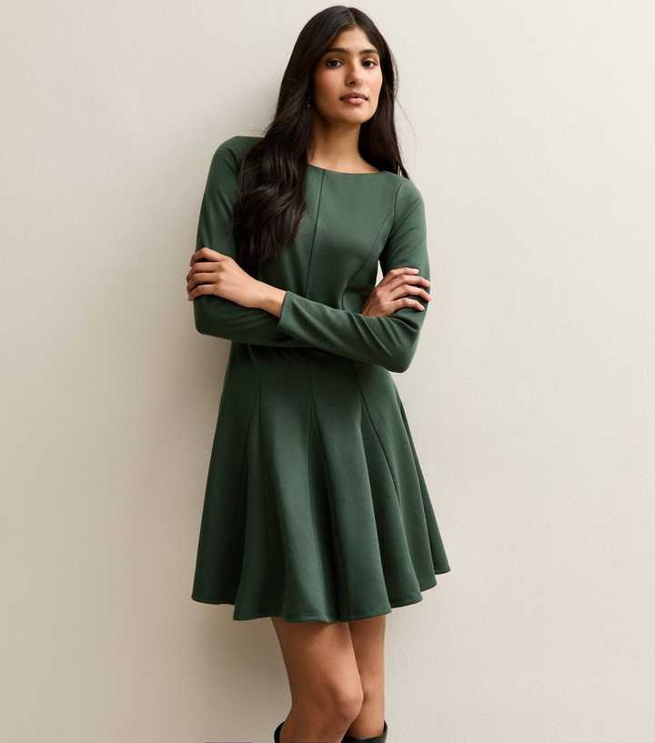 long sleeve skater dress Burgundy Scoop Neck A-Line Midi Dress