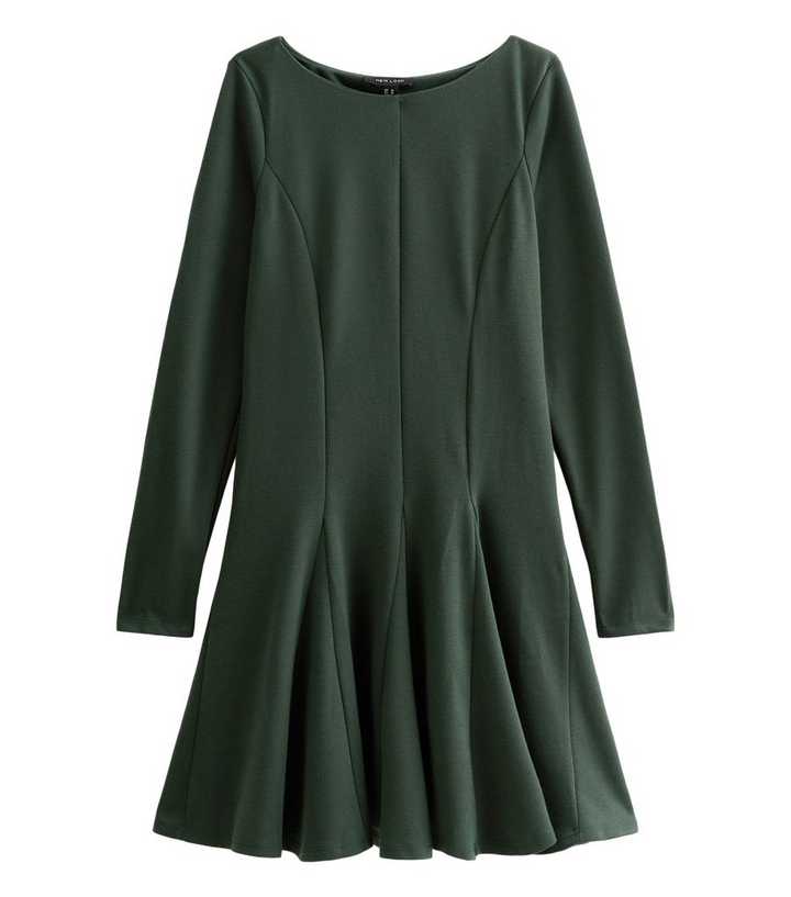 Dark Green Slash Neck Long Sleeve Skater Dress | New Look
