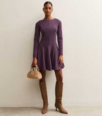 Purple Slash Neck Long Sleeve Skater Dress