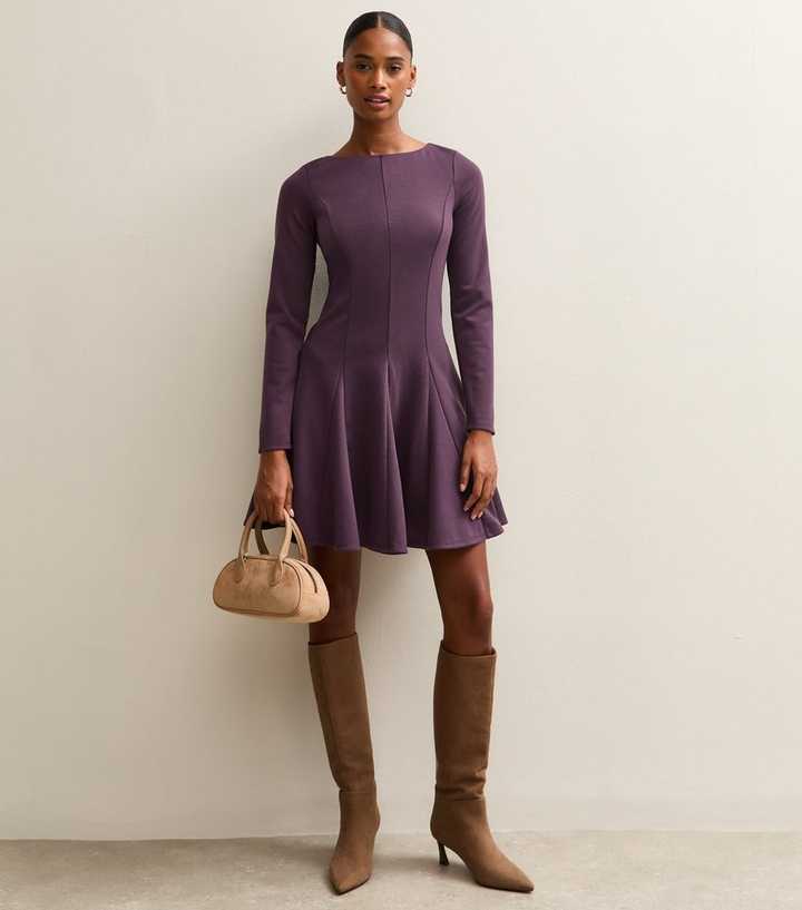 Purple Slash Neck Long Sleeve Skater Dress