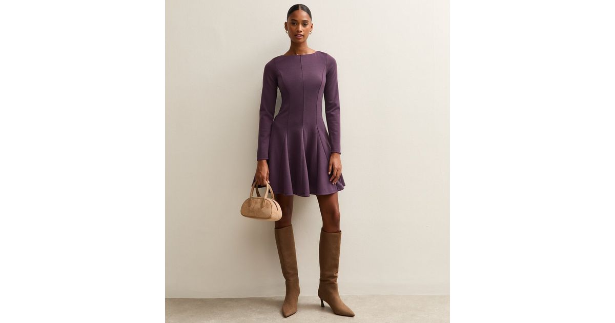 Purple Slash Neck Long Sleeve Skater Dress | New Look