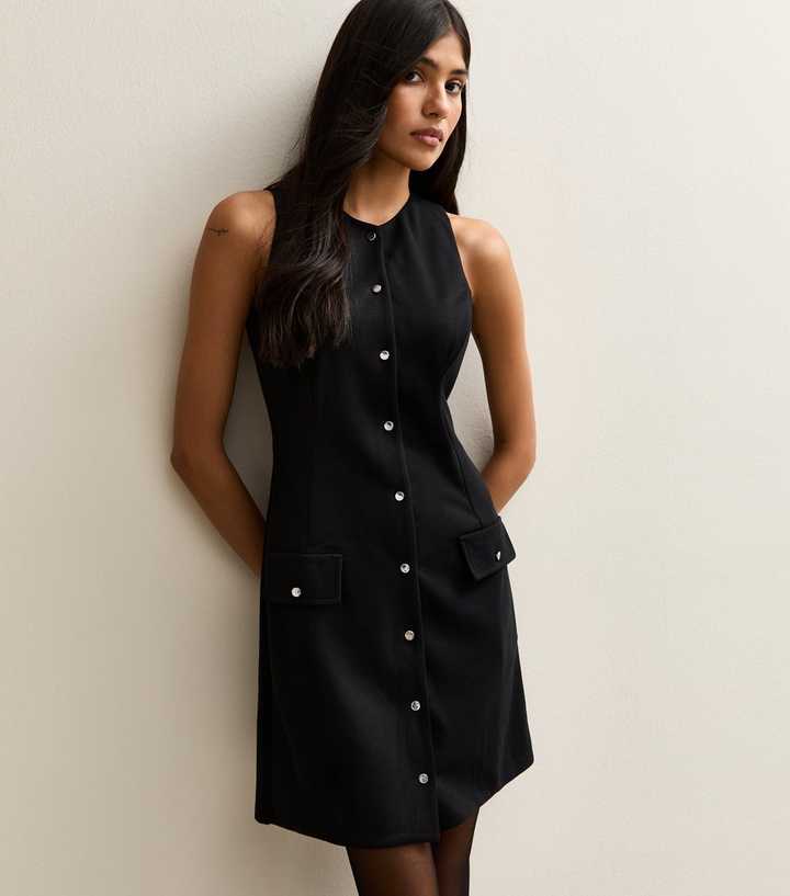 Black Panelled Button Up Mini Pinafore Dress