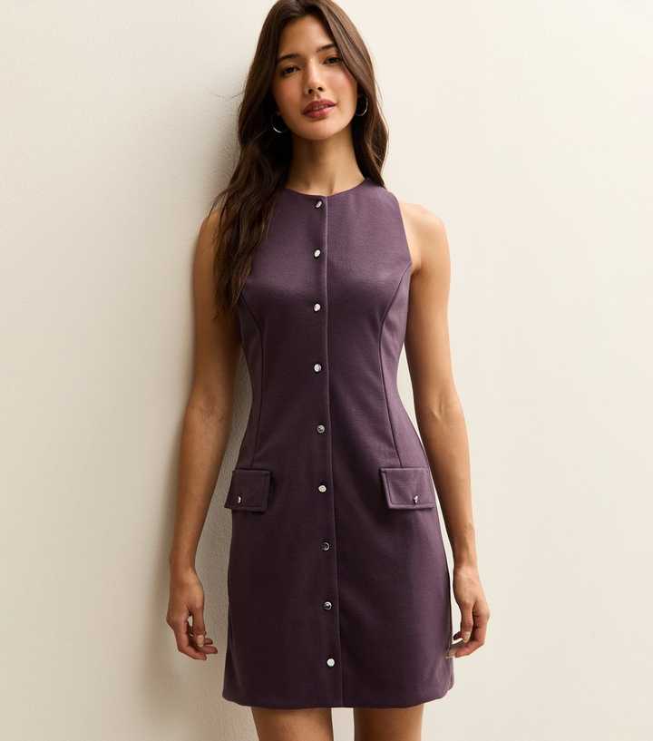 Purple Panelled Button Up Mini Pinafore Dress