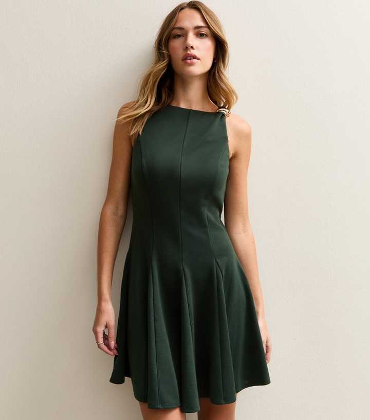 Dark Green Pleated Skater Mini Dress