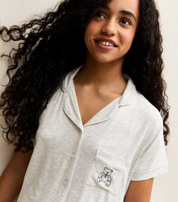 Girls Light Grey Embroidered Teddy Bear Shirt and Shorts Pyjama Set